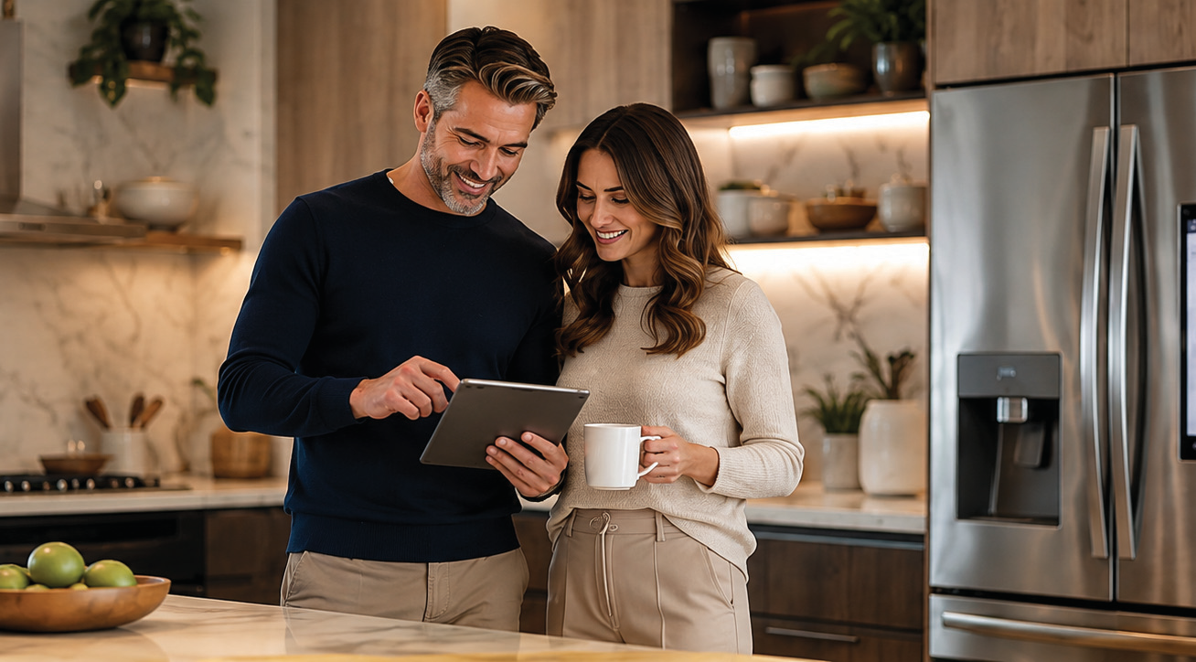 Un couple dans sa cuisine consulte une tablette.